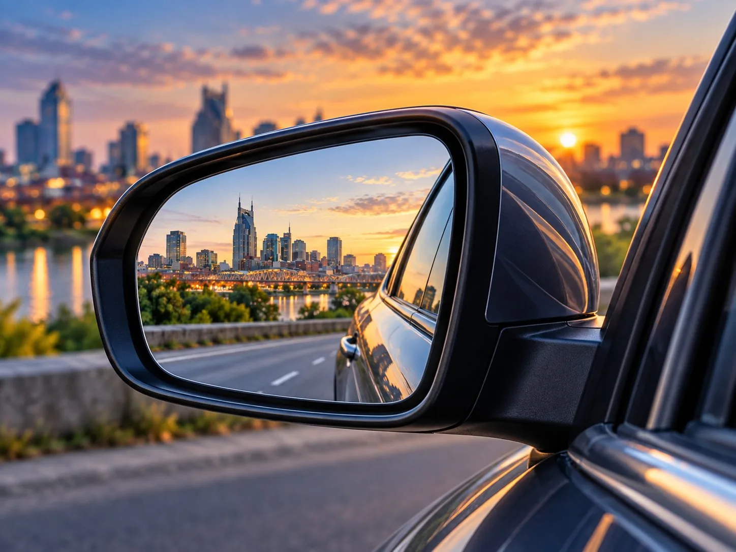 Vehicle side mirror overlooking Nashville